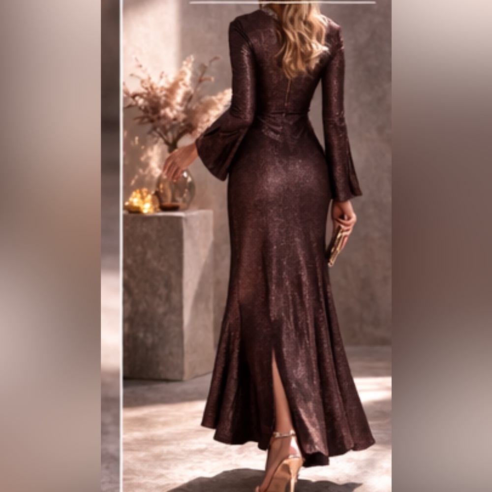 Nekane Alika Bronze Shimmer Maxi Dress Gold Lurex V-Neck Keyhole NWT Medium - Picture 2 of 12